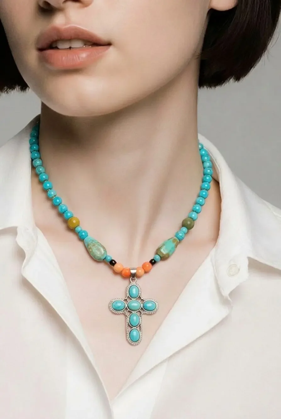 Native American Turquoise - Howlite - Coral Cross Pendant Necklace